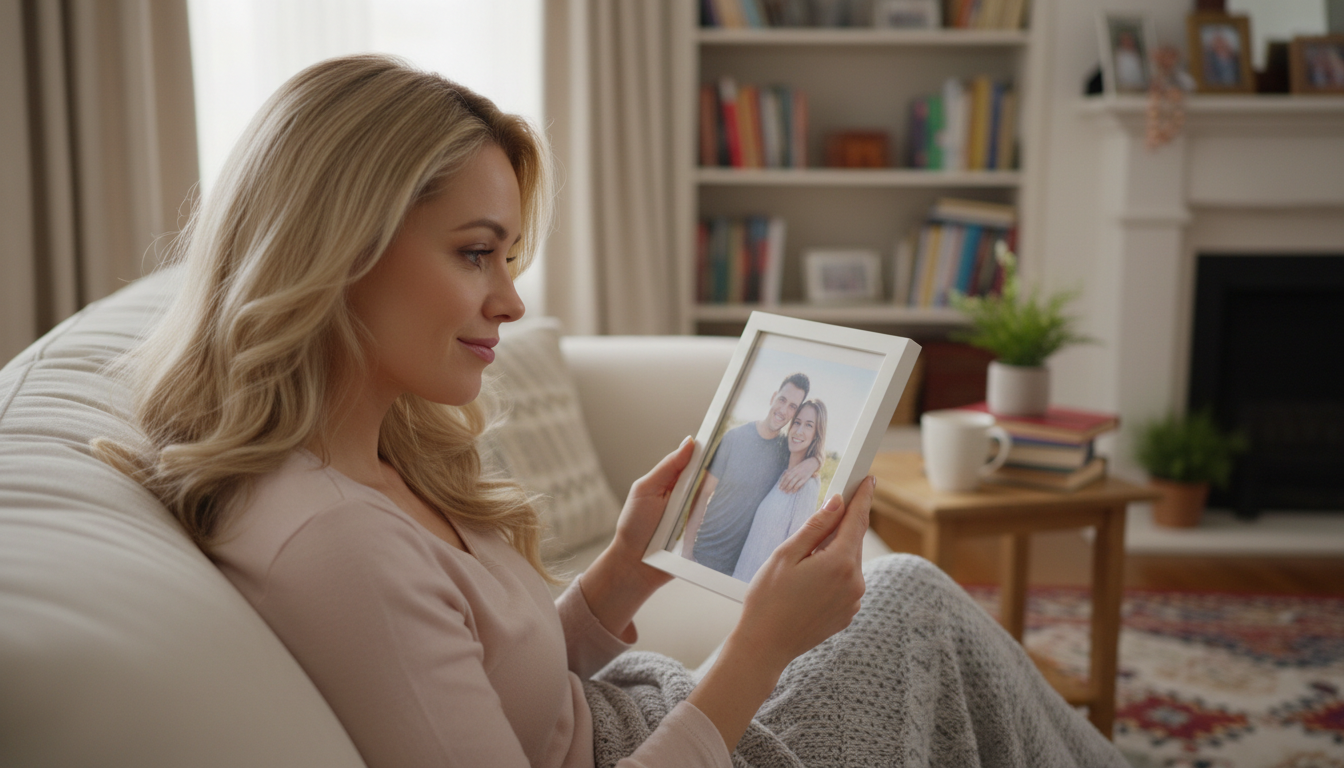 Сильный приворот на мужа — женщина держит фото мужа и хочет вернуть любовь в семью