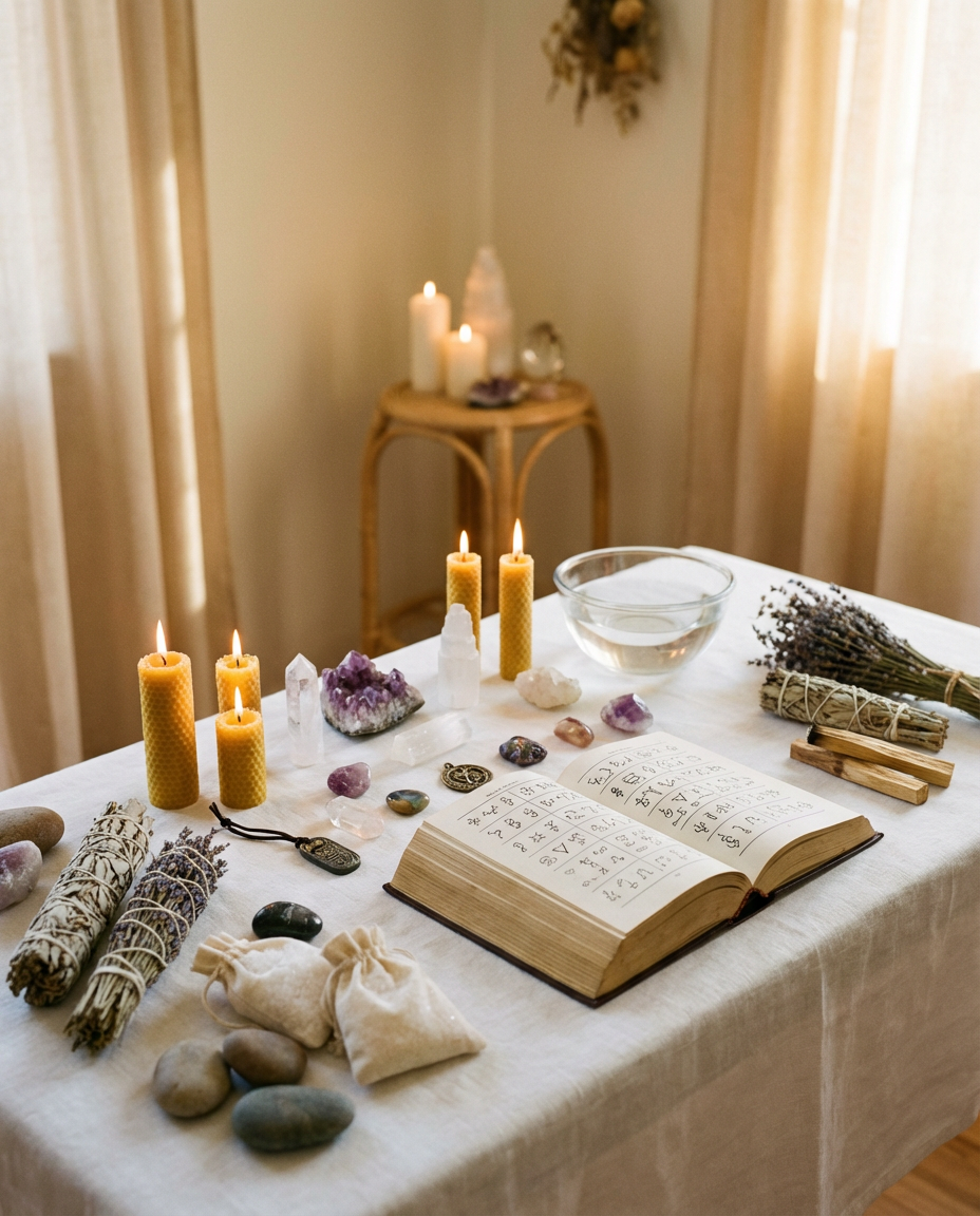 Снятие порчи, сглаза и негатива — ритуальный стол с магическими атрибутами, свечами и кристаллами для энергетического очищения Снятие порчи и сглаза — стол для ритуала с зажженными свечами, магической книгой, кристаллами, амулетами и натуральными травами в светлом кабинете