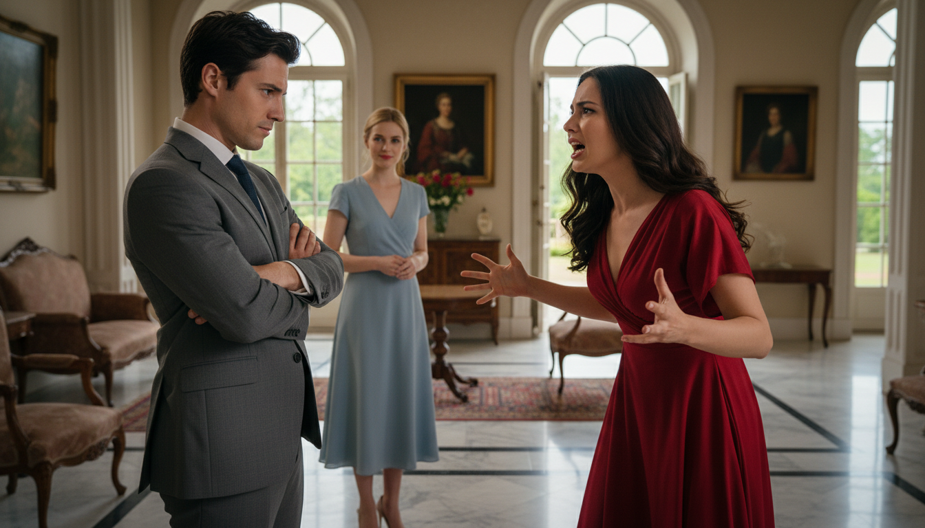 Женщина с мужчиной выясняют отношения,на заднем плане стоит соперница. Женщина хочет сделать отворот от соперницы.