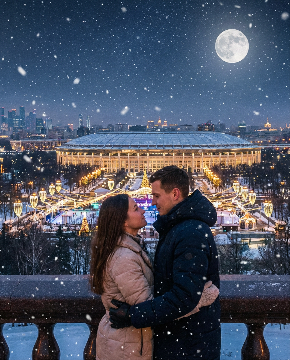 Влюбленная пара зимой на смотровой площадке в Москве, объятия на фоне ночного города и луны, исполнение желаний, гармония в отношениях, любовный приворот